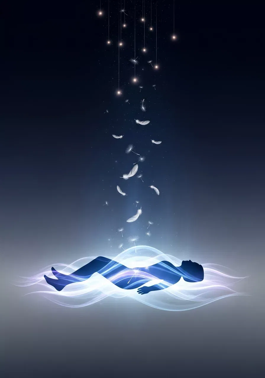 Floating silhouette with feathers and light.