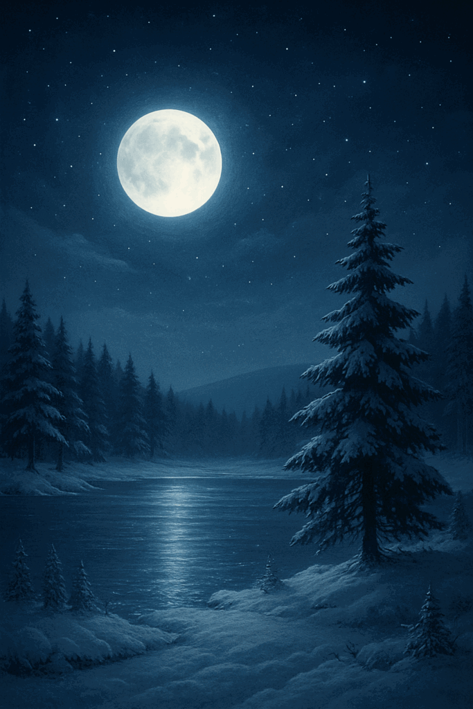 Full moon over snowy forest and lake night scene.