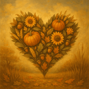 Heart-shaped autumn foliage with pumpkins and sunflowers.