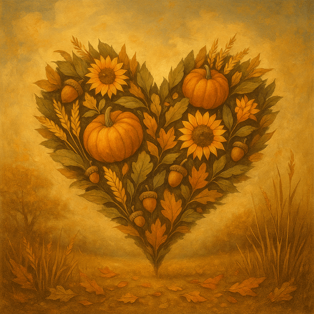 Heart-shaped autumn foliage with pumpkins and sunflowers.