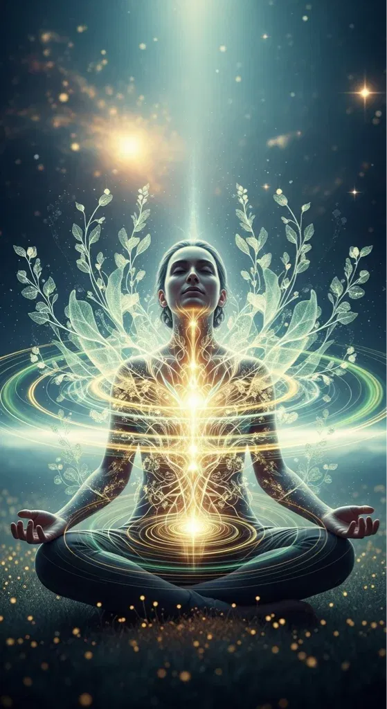 Person meditating with spiritual energy and light.