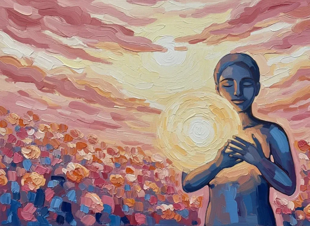 Colorful painting of person holding a radiant light.