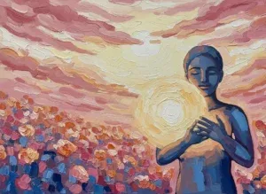 Colorful painting of person holding a radiant light.