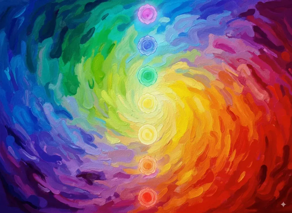Colorful chakra spiral painting with seven energy centers.