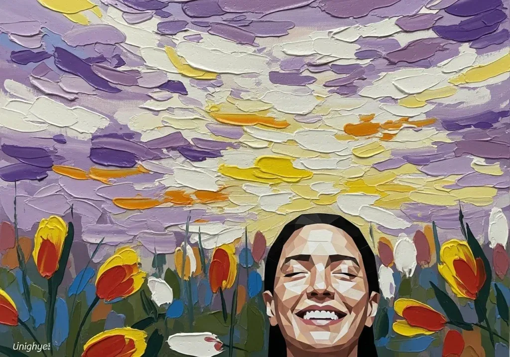 Colorful painting with smiling face and tulips