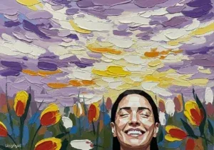 Colorful painting with smiling face and tulips
