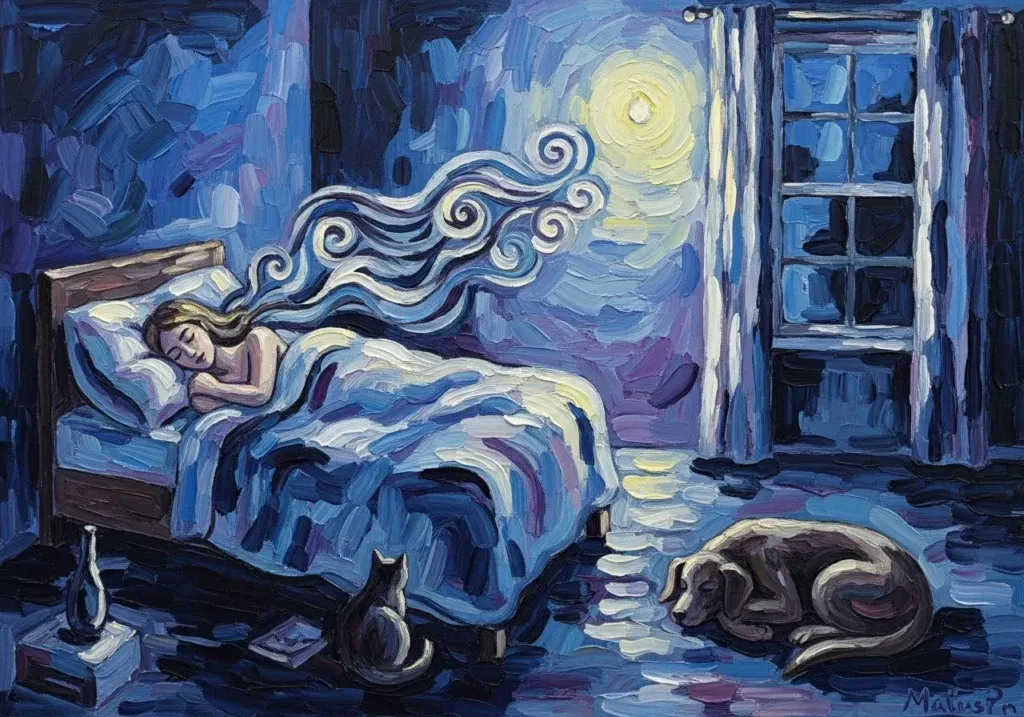 Woman sleeping peacefully with pets, moonlit night.