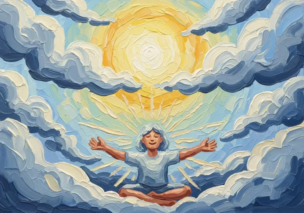 Meditating person surrounded by clouds and sunlight.