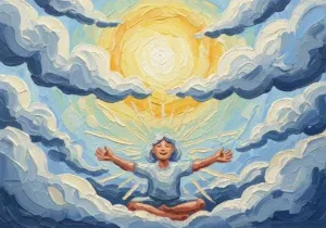 Meditating person surrounded by clouds and sunlight.