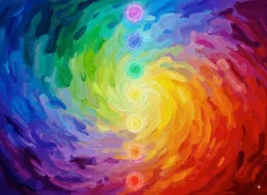 Colorful chakra spiral painting with seven energy centers.