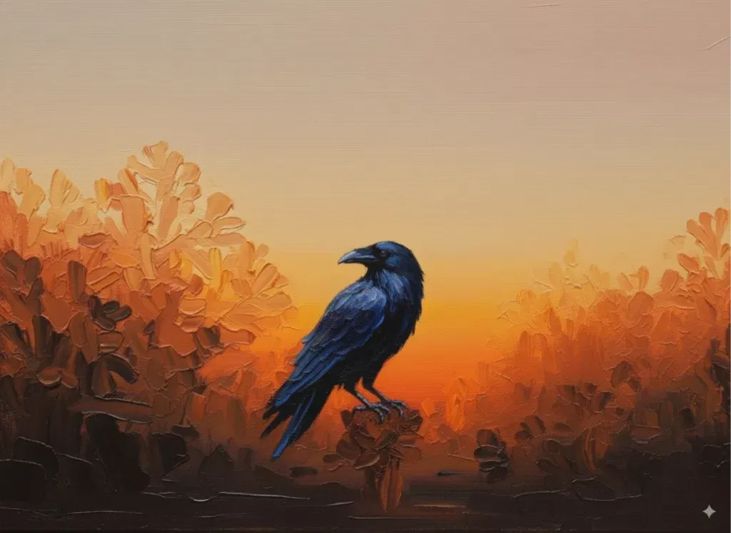 Raven perched at sunset in autumn landscape.