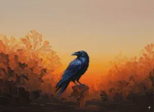 Raven perched at sunset in autumn landscape.