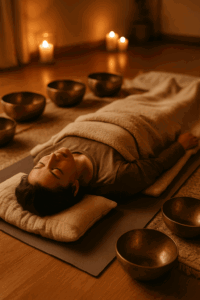 Woman relaxing with singing bowls and candles.