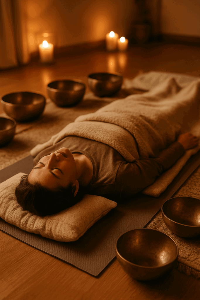 Woman relaxing with singing bowls and candles.