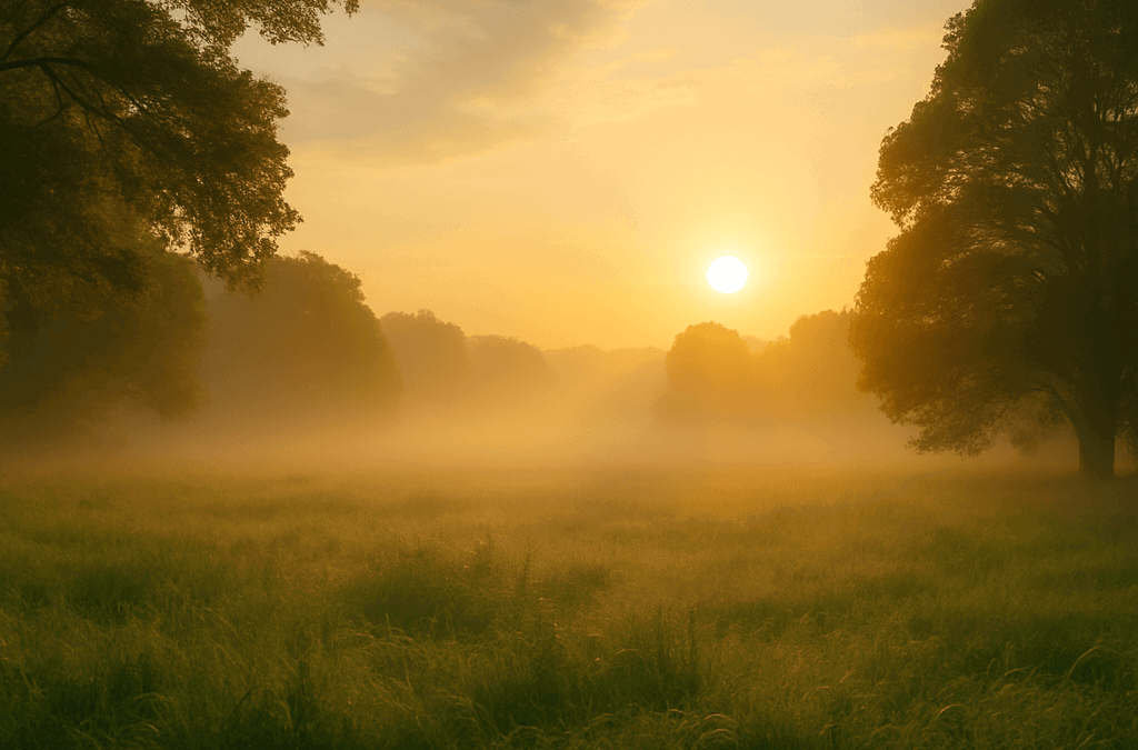 Serene sunrise over misty meadow with trees.