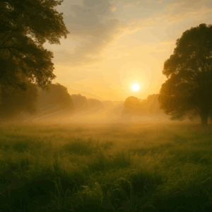 Serene sunrise over misty meadow with trees.