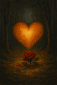 Glowing heart above a red rose in forest.