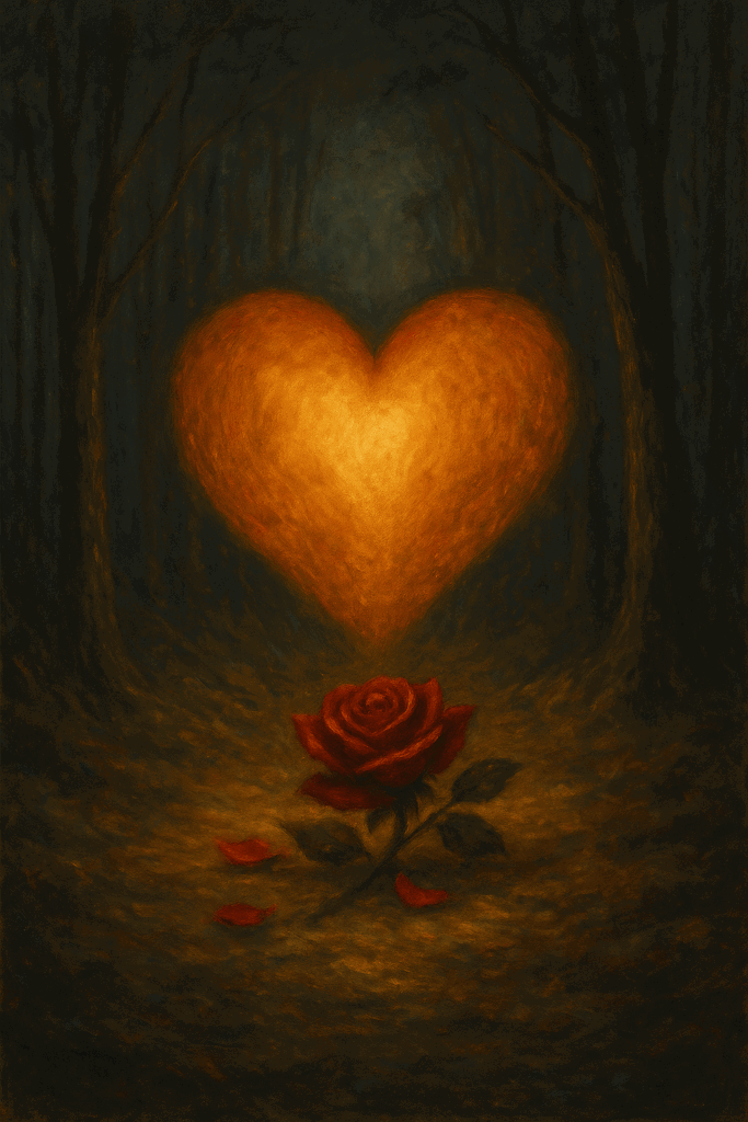 Glowing heart above a red rose in forest.