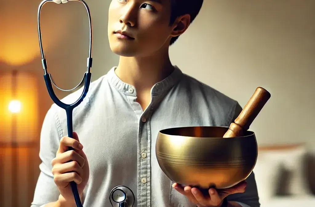 Man holding stethoscope and singing bowl, pondering.
