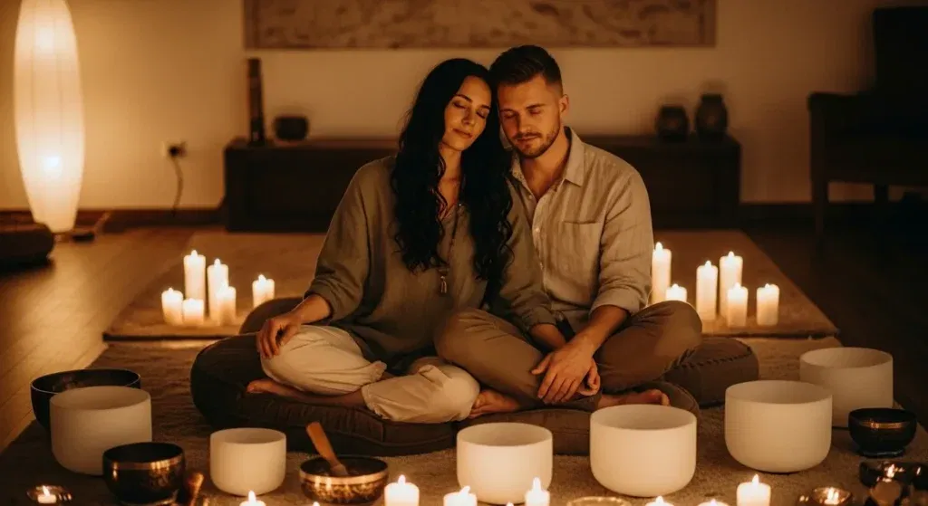 Couple meditating surrounded by candles in cozy room.