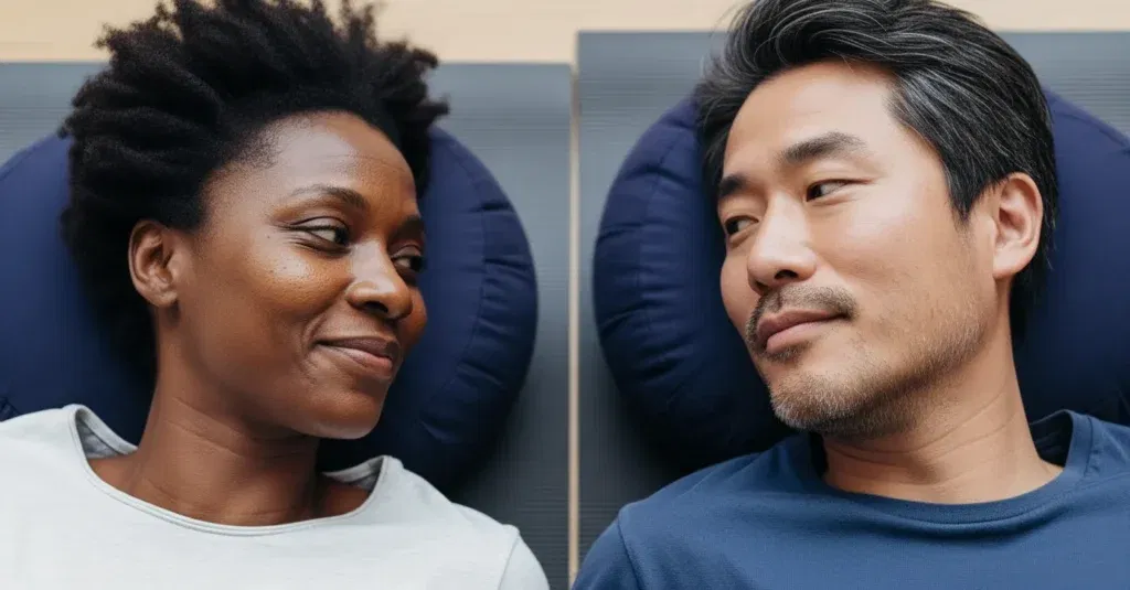 Two people smiling on blue cushions