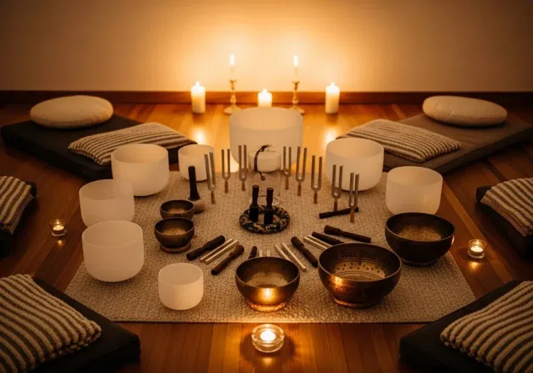 Cozy meditation setup with candles and singing bowls.