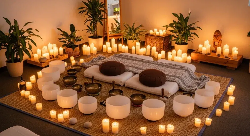 Cozy meditation space with candles and cushions.