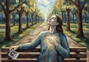 Person enlightened in a forest, holding photo on bench