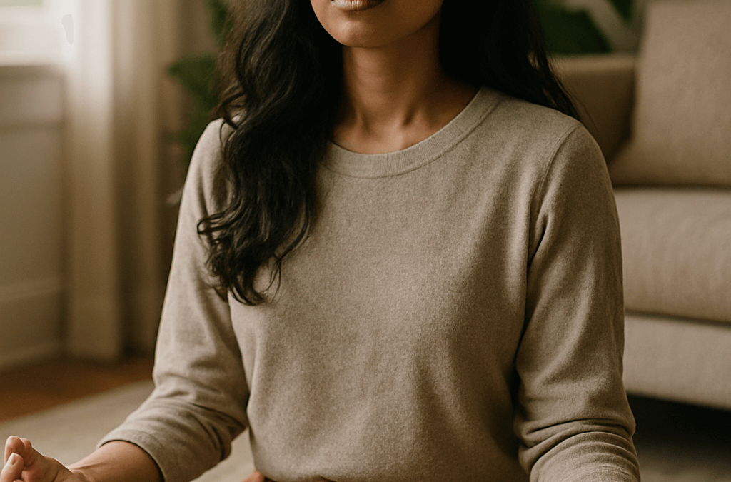 Person meditating in peaceful home setting.