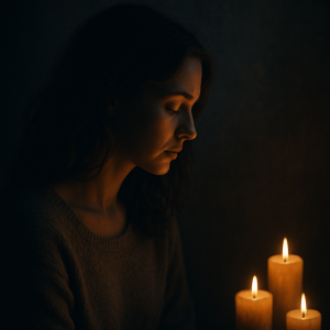 Woman meditates by candlelight in the dark