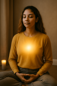 Woman meditating with glowing chest and candlelight.