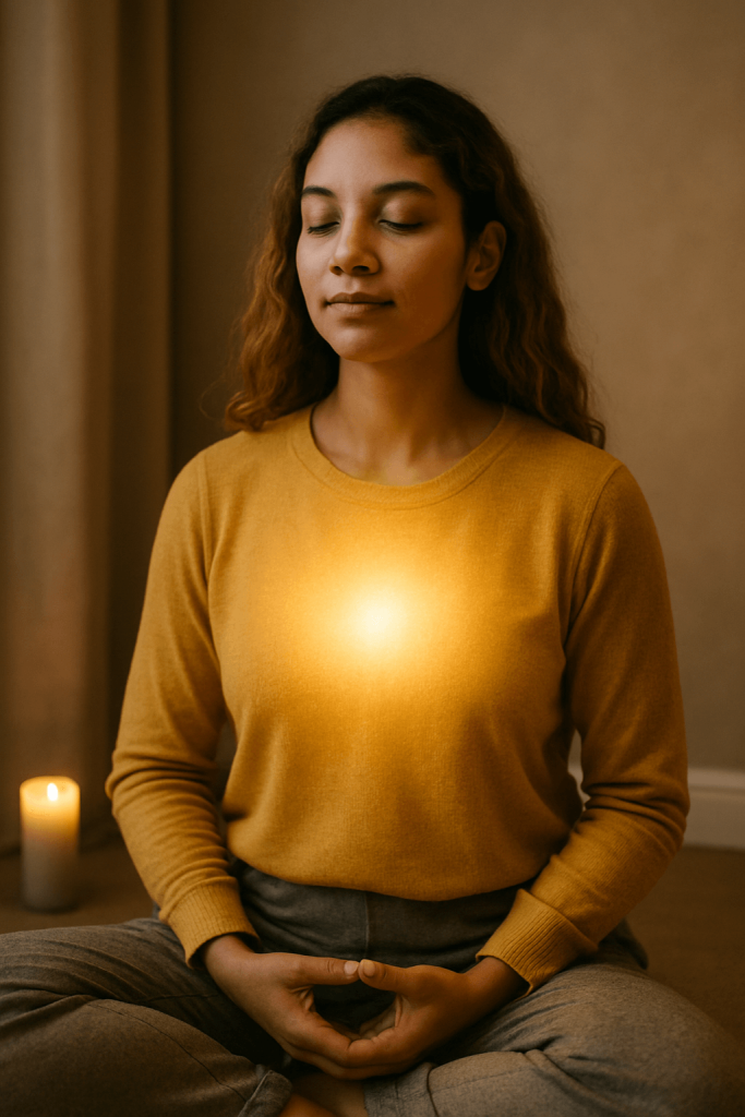 Woman meditating with glowing chest and candlelight.
