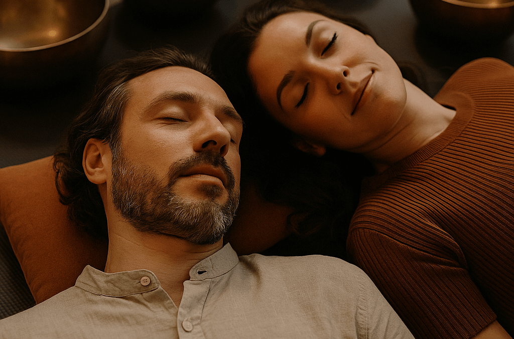 Couple relaxing with sound therapy bowls nearby.