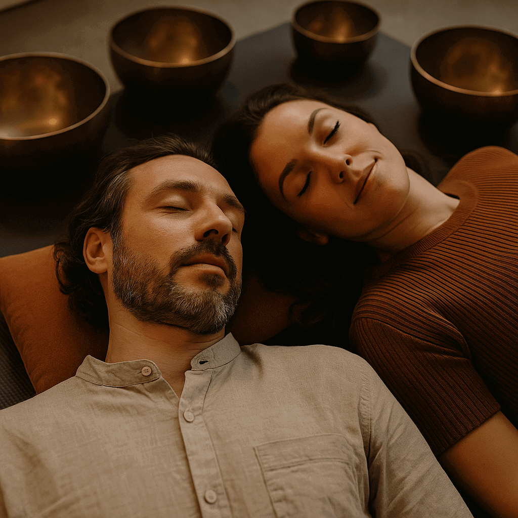 Couple relaxing with sound therapy bowls nearby.