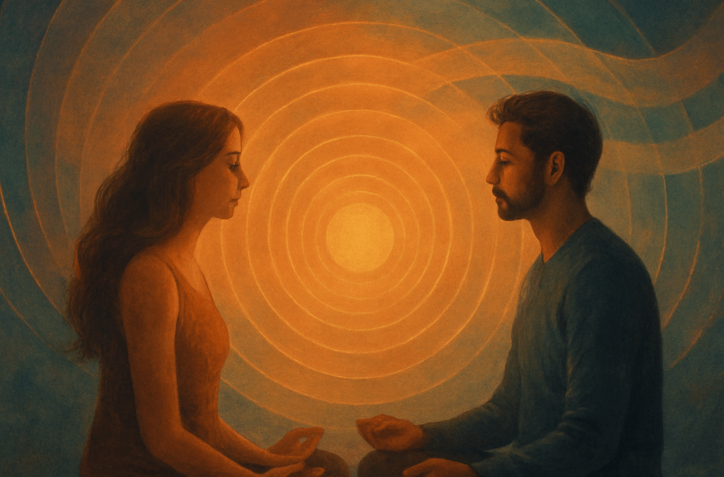 Couple meditating with glowing energy around them.