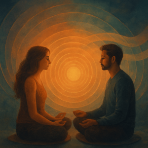 Couple meditating with glowing energy around them.