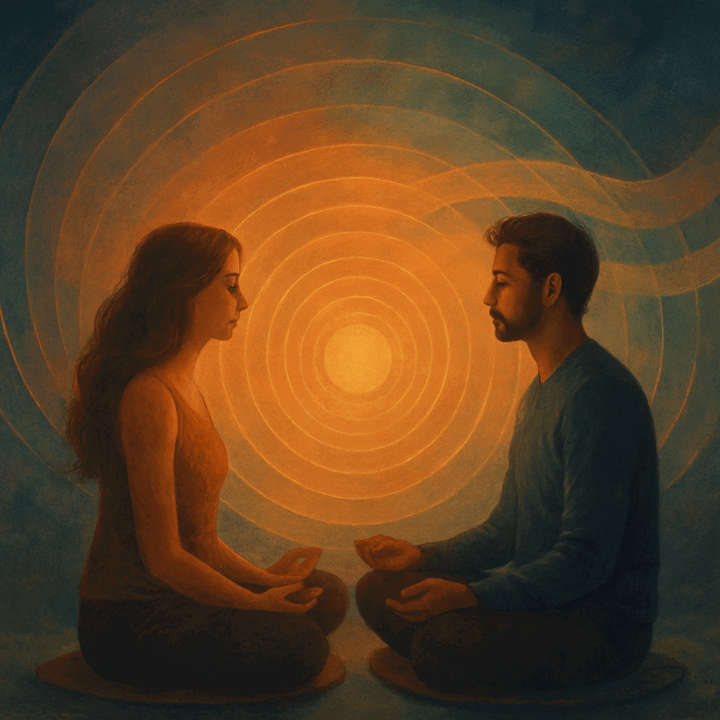 Couple meditating with glowing energy around them.