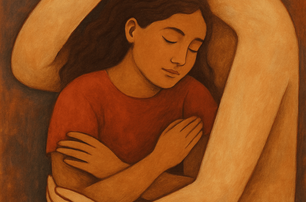 Peaceful girl embracing herself with closed eyes.