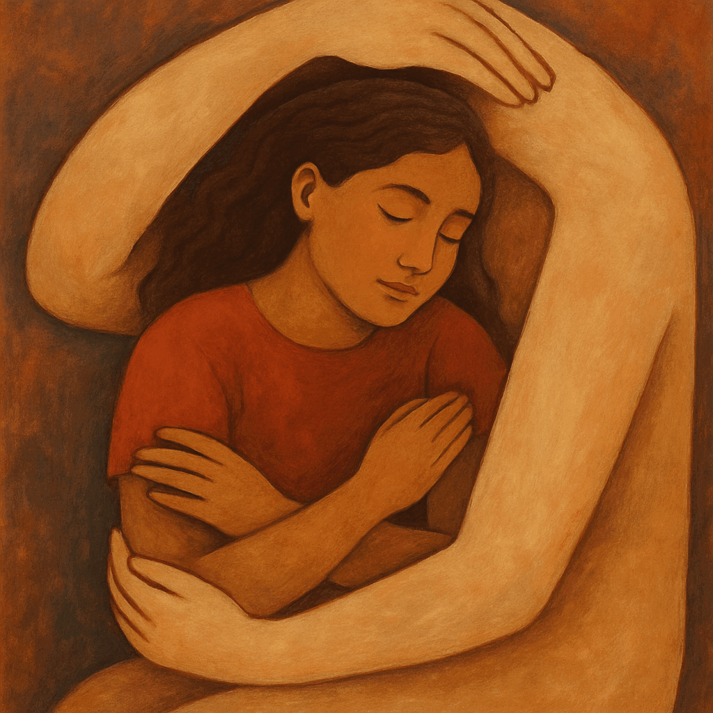 Peaceful girl embracing herself with closed eyes.