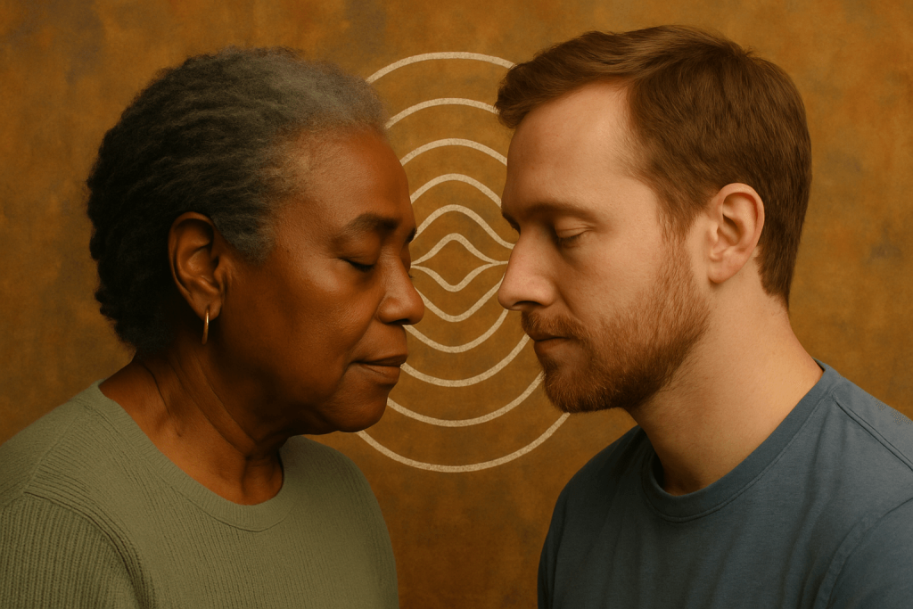 Two people facing each other with eyes closed.