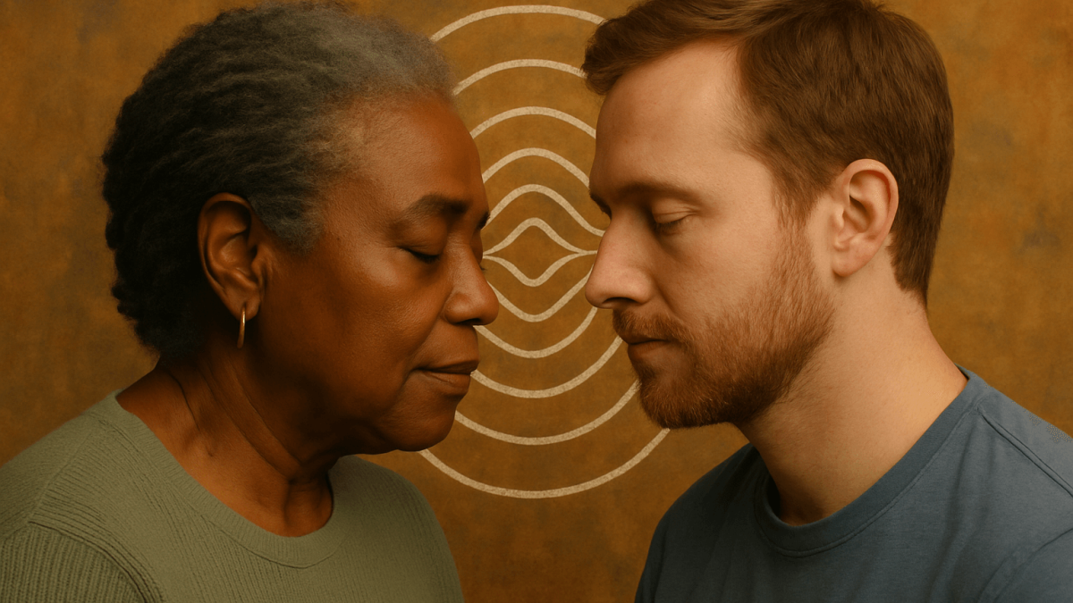 Two people facing each other with eyes closed.