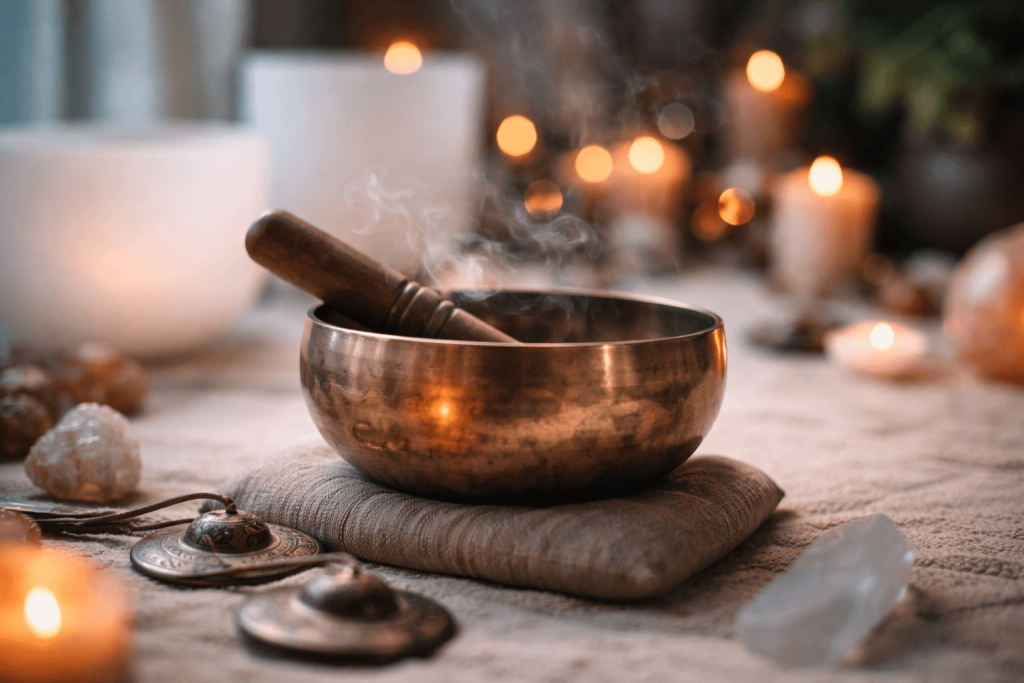 Meditation bowl surrounded by candles and crystals.