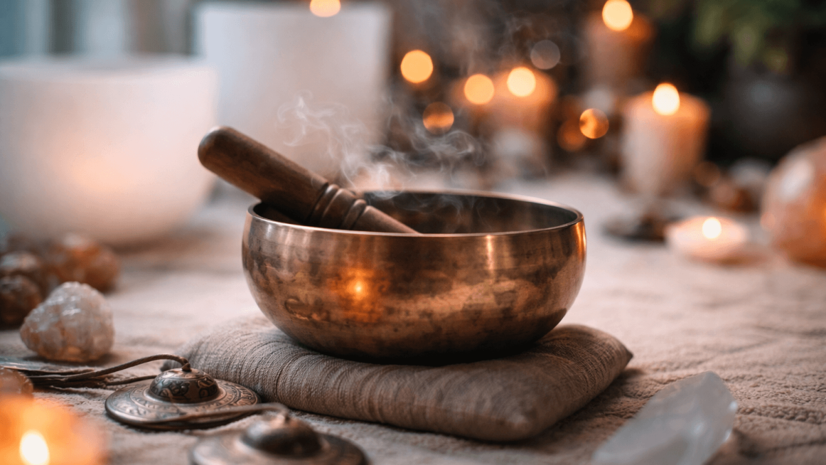Meditation bowl surrounded by candles and crystals.