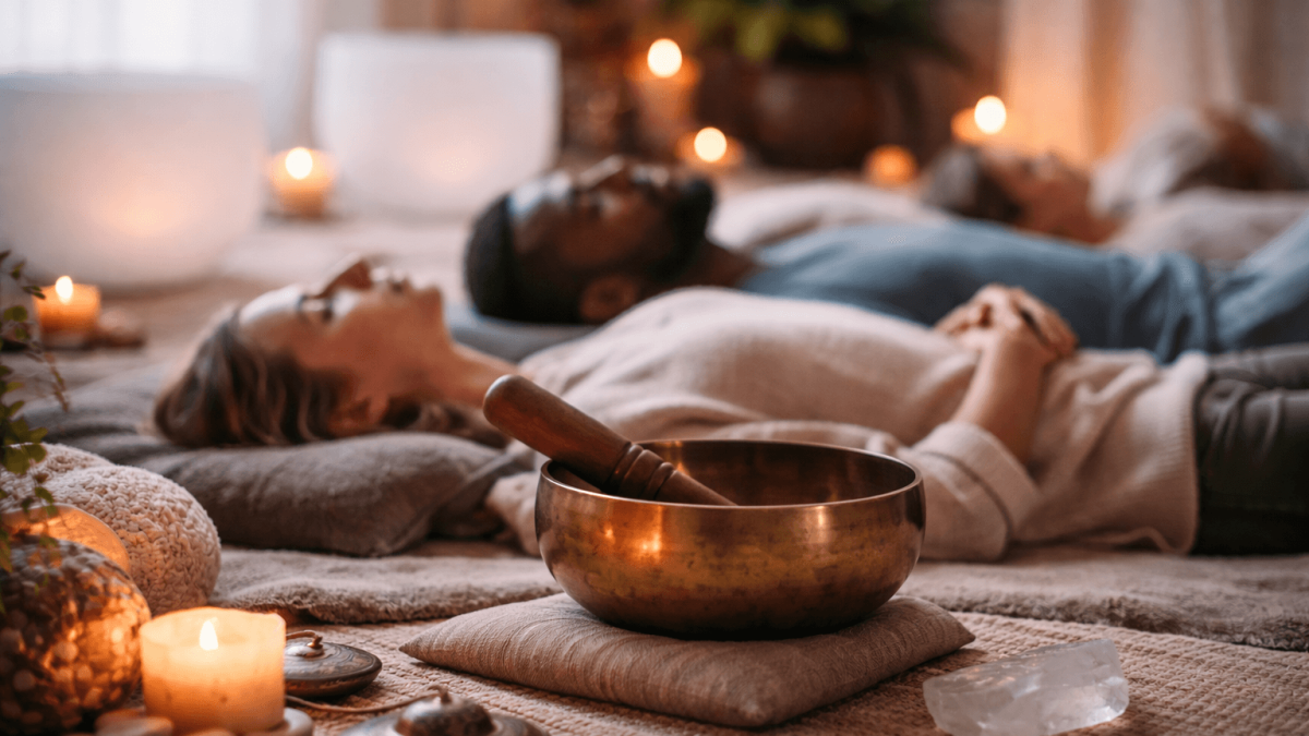People meditating with candles and sound bowl.