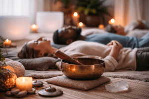 People meditating with candles and sound bowl.