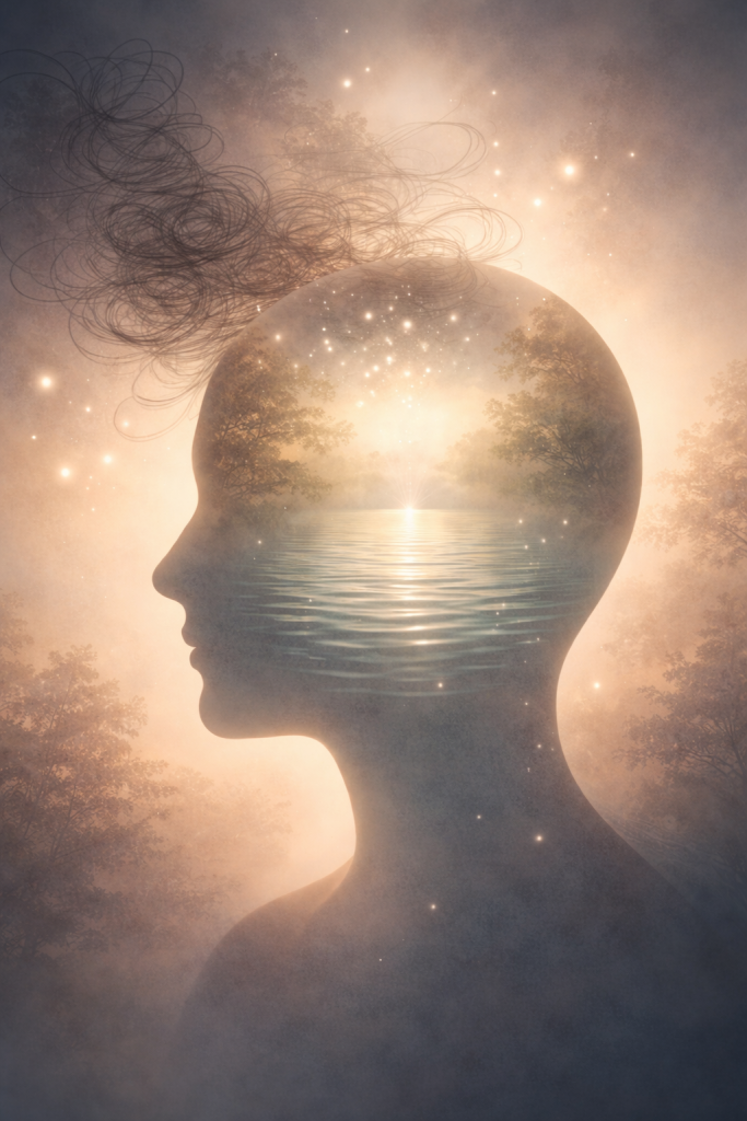 Surreal silhouette with nature scene inside head.