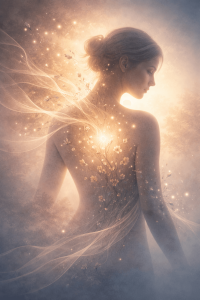 Ethereal woman with glowing floral tattoos.