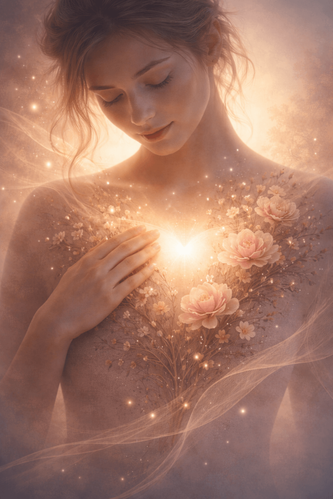 Woman with glowing heart and floral design.