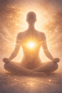 Person meditating with glowing light in chest