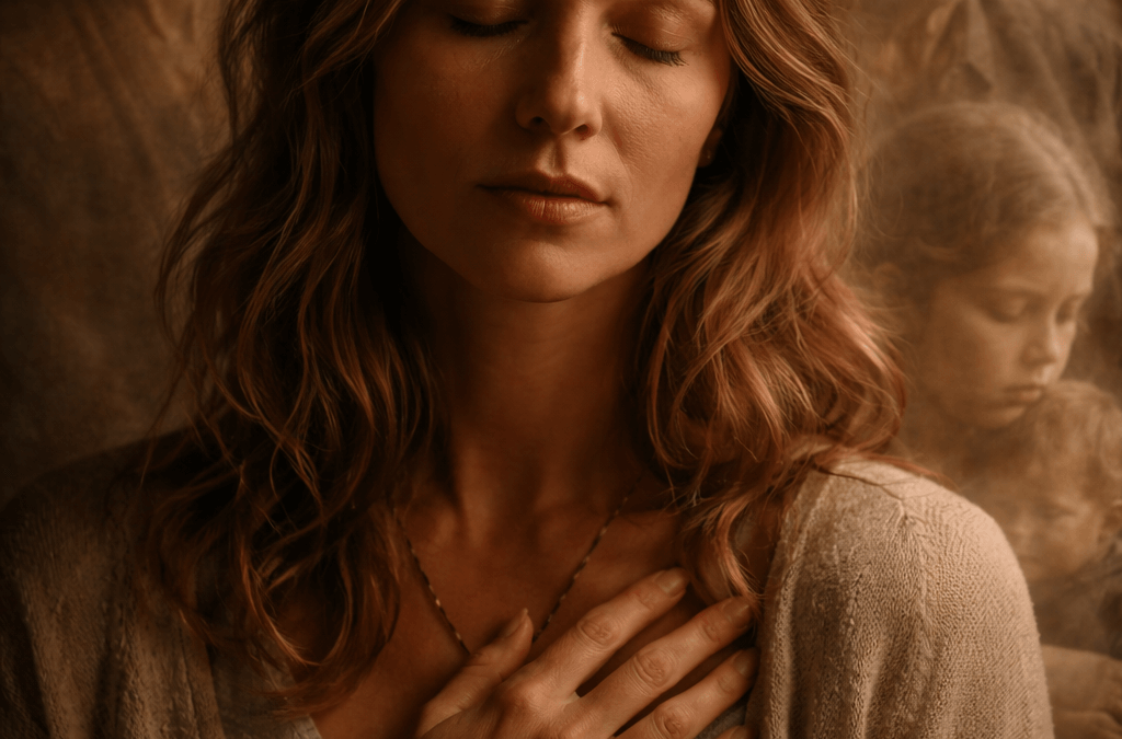 Woman meditating with ancestors in background.
